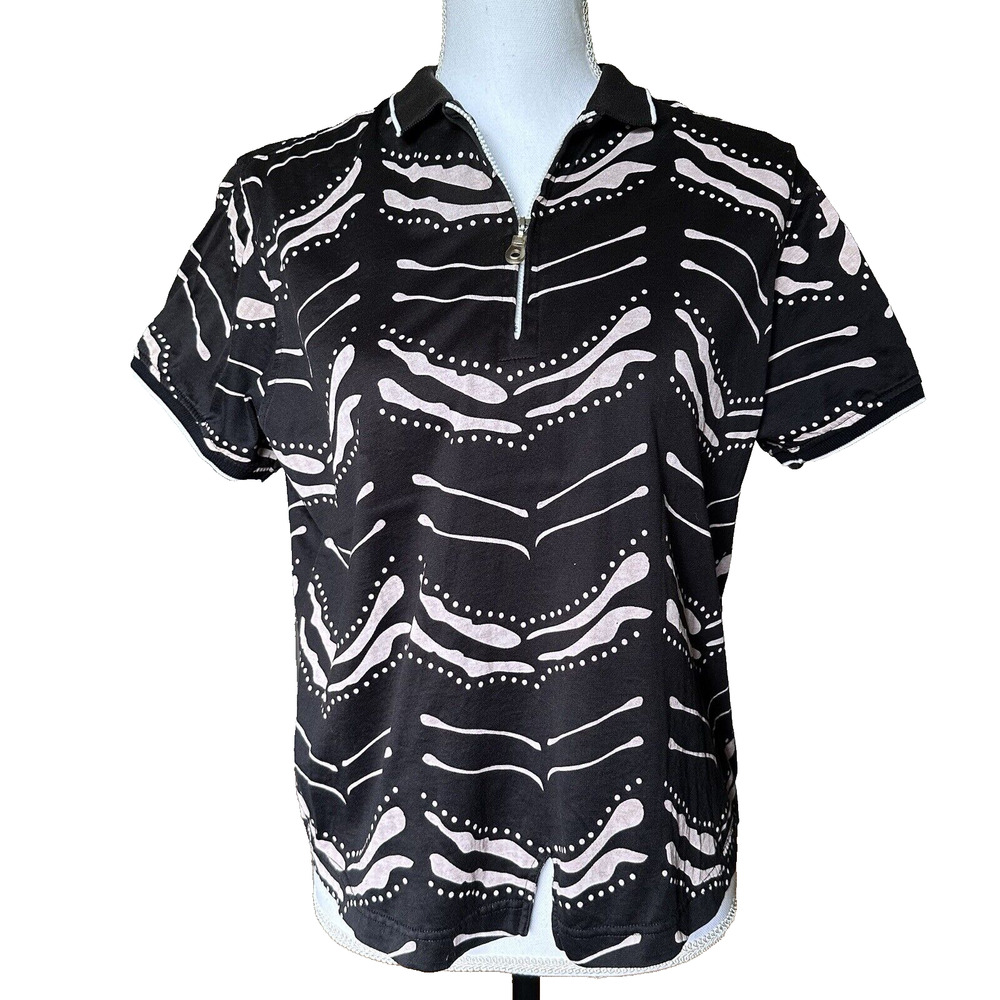 Jamie Sadock Athletic Golf Top sz M 100% cotton Black Cream Tan Abstract‎ Zipper